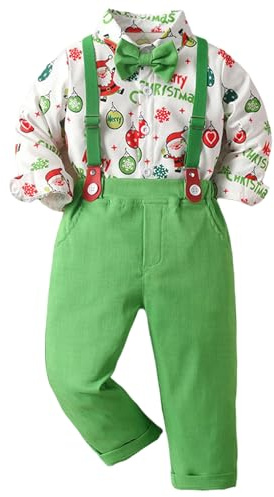 inhzoy Bimbo Neonato Completini Gentiluomo Natalizio Abbigliamento da Cerimonia Natale Elegante Completi da Feste Compleanni Camicia con Fiocco + Bretelle Pantaloni Verde 18-24 mesi