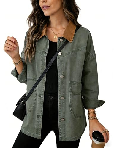Yeokou Women's Oversized Contrast Collar Denim Barn Jacket Button Down Big Pockets Spring Fall Transitional Outfits(ArmyGreen-S)
