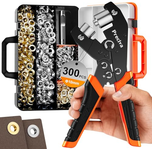 Preciva Alicates De Ojales con 300 Pezzi Oro+Plata Ojales (ø Interno 10mm),Ojales Para Lonas,Set De Ojales Para Lonas,Para Lonas Tejidos Velas Solares CartóN Cuero y Pvc