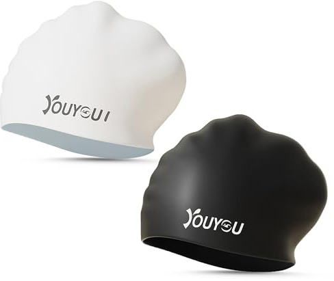 2 Pack Silicone Swimming Caps for Long Hair, Large Waterproof Swimming Caps for Women Men Adults with Thick or Curly Hair, Comfortable 3D Bathing Caps（White&Black)