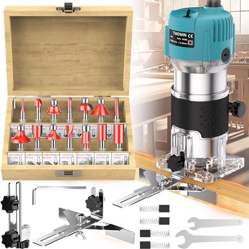 Affleureuse Défonceuse Trimmer Router Fraiseuse Électrique Outil à Bois 800W 30000 Tr/Min,Pince 6.35mm + Coffret De 15 Fraises à Défoncer Queue De 1/4 Pour Travail Du Bois