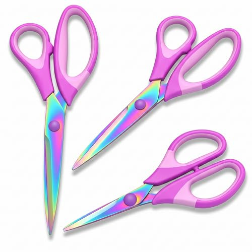 Scissors All Purpose 3 Pack，Premium Titanium-Coated Stainless Steel Blade Shears, Professional Ergonomic Comfort Grip for Office School Home Fabric Sewing DIY Craft Cutting General Use