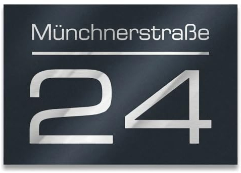 Pixadruck Edelstahl Hausnummer - Hausnummernschild mit Gravur Straßenname, Name und Wunsch-Nummer - V2A Look - UV-beständig (Anthrazit, 160 x 110 mm)