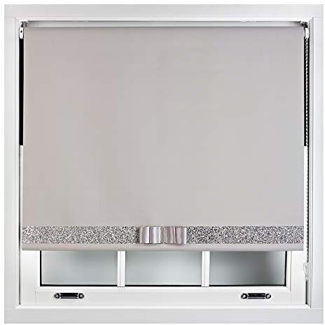 FURNISHED Persianas enrollables Opacas con Tela Decorativa con Purpurina y Lazo - Recortables - Gris 90W x 165H cm
