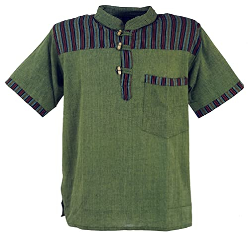 GURU SHOP Nepal Fischerhemd, Gestreiftes Goa Hippie Kurzarmhemd - Olive, Herren, Baumwolle, Size:XL