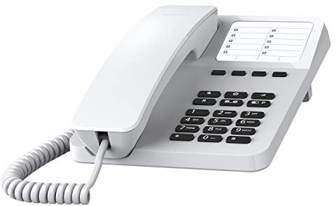 Gigaset Desk 400 Telefon mit elastischem Kabel, platzsparend, 10 Kurzwahleingänge, Wahlwiederholung, kompatibel mit Hörgeräten, MFV oder einstellbare Pulsauswahl, Weiß