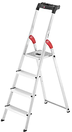 Hailo Stehleiter StandardLine 4 Stufen, belastbar bis 150 kg, kleine Leiter aus Aluminium mit Ablage & stabiler Holmführung, klappbare Aluleiter rostfrei, silber, aktuelles Modell L60, Made in Germany
