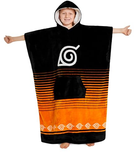 Naruto Hoodie Decke Kinder Jungen - Anime Übergröße Kuscheldecke mit Ärmeln - Warm Fleece Kapuzenpullover Teenager - Tragbare Pulli Decke (Schwarz/Orange)