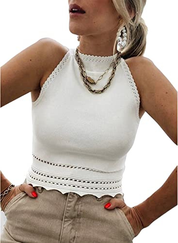 EVALESS Womens Halter Crop Tank Tops 2026 Trendy Summer Casual Ribbed Knit Racerback High Neck Corset Tube Cute Sleeveless Slim Basic Cami Tops Blouses Clothes,White S