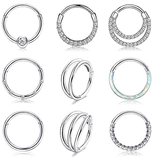Adramata 9 Piezas Piercing Septum Acero Quirúrgico, Hipoalergénico Ópalo CZ Cartílago Helix Tragus Pendientes Septum Clicker Piercing, Piercing de Nariz Joyería 8mm 10mm,10