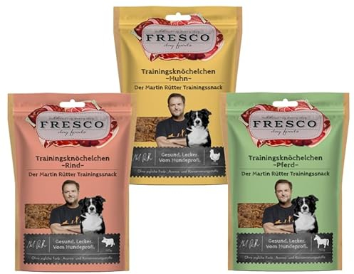 Fresco Martin Rütter Trainingsknöchelchen Probierpaket | je 1x Huhn, Rind & Pferd | 3 x 150 g | Natürlicher Monoproteinsnack | Leckerer Snack für Hunde