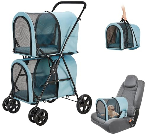 LPOTIUS Double Pet Stroller for Dogs and Cats with 2 Detachable Carrier, Quick-Folding Dog Stroller for Medium Small Dogs Cats, 4 Wheels, Light Blue