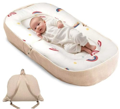 ASCENREST Babyliege Faltbares Babynestkissen mit Memory Foam Matte Gemusterter Bezug Umwandlung in Rucksack 0-12 Monate