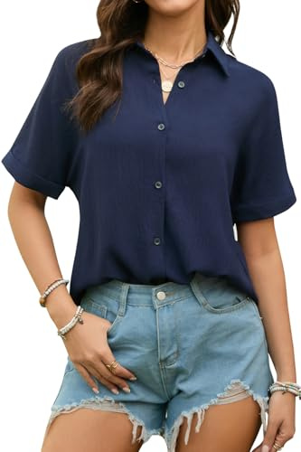 Stamain Blouses for Women UK Short Sleeve Button Down Womens Shirts and Blouses Summer Loose Fit Casual Ladies Shirts Navy Blue S