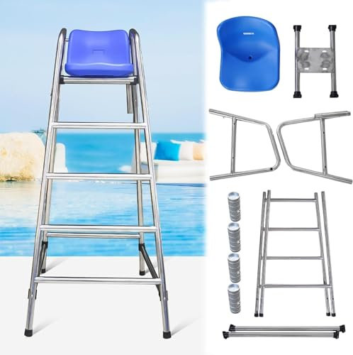 SAFWELAU Taburete alto Escalera de Seguridad 180 cm de alto silla de salvavidas, Taburete de bar portátil de acero inoxidable para exteriores con asiento cómodo para piscina elevada/enterrada, Carga 3