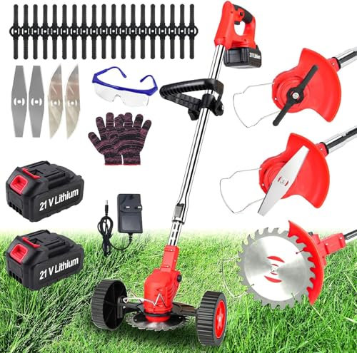 Xbzzgmg Rasentrimmer mit Akku, Akku Rasentrimmer mit 2 Akkus und 2 Messertypen Verstellbarer Freischneider, Teleskop-Freischneider Akku mit Geringem Geräuschpegel für Höfe, Gärten und Gehwegkanten