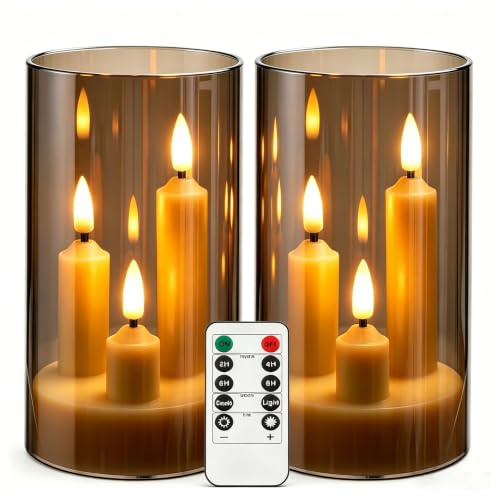 2 Stück 3-Kern LED-Stabkerzen, Graue Transparente Acryl-Gehäuse Flammenlose Kerzen mit Fernbedienung, Realistischer Flammeneffekt, Batteriebetrieben für Heim-, Hochzeits- und Weihnachtsdekoration