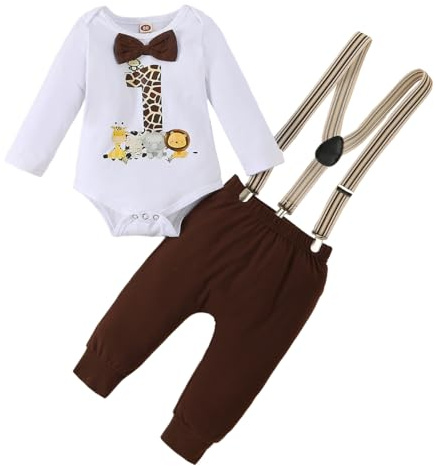 LUVCES Vestiti 1st Compleanno per Neonati Maschi Gentleman Manica Lunga/Corta Pagliaccetto con Papillon + Pantaloncini con Bretelle 2 Pezzi Set di Abiti Maniche lunghe marrone scuro 12-18 Mesi