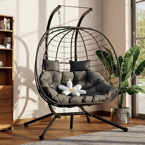 Amopatio Double Egg Chair with Metal Stand & Cushion, 2 Seaters Rattan Wicker Swing Chair Indoor Outdoor, Foldable Hanging Chair for Garden,Patio, Balcony, Porch (Black)
