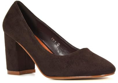 Women's Court Shoes Ladies Classic Round Toe Dress Shoes Brown Faux Suede Office Party Block Heel Pumps Size 6