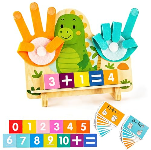 DQMOON Montessori Toys for 3 Year Old, Dinosaur Finger Counting Maths Toys, Preschool Educational Wooden Maths Learning Toy for 3 4 5 Year Old Boys Girls, Birthday Gifts Xmas Stocking Fillers Age 3+