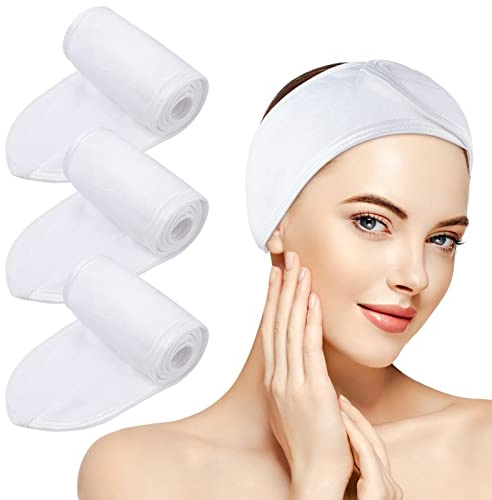 KinHwa Microfibre Bandeau Cheveux Femme Maquillage，scratch cheveux Spa lavable pour Soin Visage,Réglable Headband avec Magic Tape Élastique pour le bain, démaquillage et sport blanc lot de 3