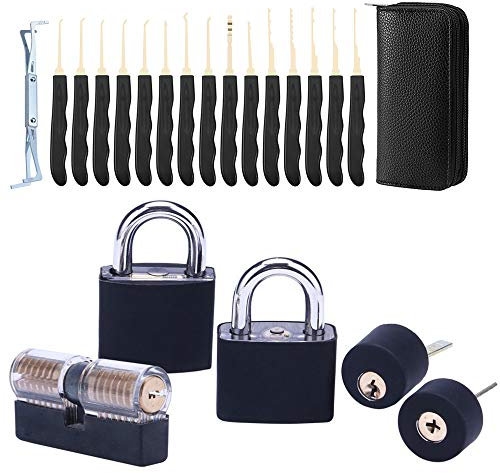 Loboo Idea Juego de 24 ganzúas y 5 cerraduras transparentes de práctica y entrenamiento con funda negra para cerrajeros principiantes y profesionales.