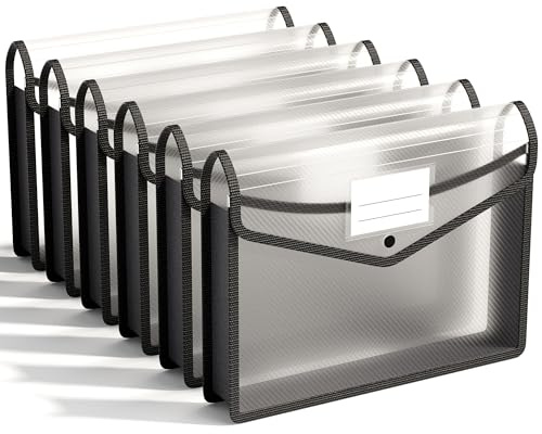 ABC life 6-Pack Plastic Expanding File Folders, Folders for Documents with Snap Closure, Large Capacity Document Envelopes, Fits Letter/A4 Size Paper - Black