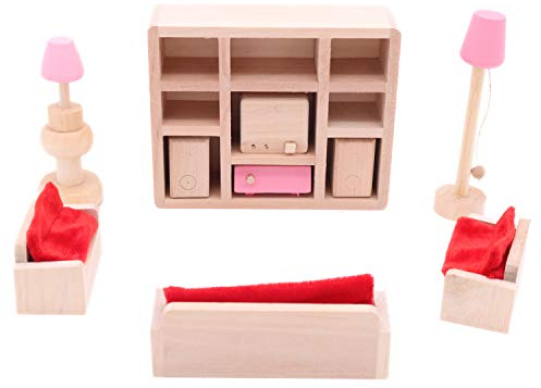 POFET Kinder Holz Wohnzimmer Puppenhaus Miniatur Möbel Sofa Schrank Spielzeug Set Puppenfamilie Rollenspiel Zubehör