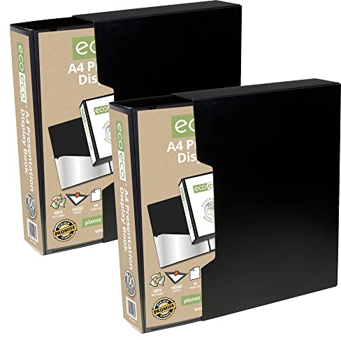 eco-eco Eco067x2 Präsentationsbuch, A4-Format, 50% recycelt, 100 Taschen, schwarz, mit Kunststoffhüllen und schwarzer Sichtbox, 2 Stück