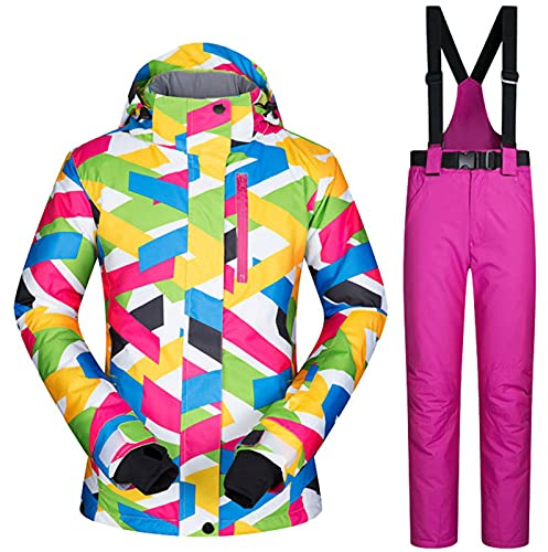 Damen Skijacke und Hose im Set, wasserdicht, winddicht, für Snowboarden, farbenfroher bedruckter Schneeanzug, Kapuzenmantel, Reißverschluss, Rosérot, Größe S