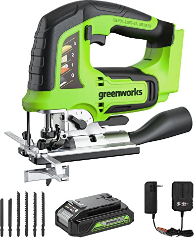 Greenworks 24V Brushless Jig Saw，1*2AH Battery+2A adaptor, 6PCS Blades (4 x Saw blade for woodworking. 2 x Saw blade for metal)