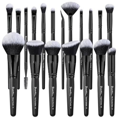 Bueart Design 19Pcs ULTRA SOFT Black labeled DENSE HAIR Makeup Brushes set Contains large powder Flat Foundation Ultimate Blending Make up Brush set Blush Face Brush Concealers contour Eyeshadow
