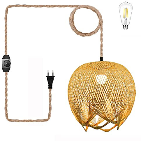 Lámpara colgante con diseño de flores, pantalla de bambú tejida con cable de enchufe, accesorio de iluminación para lámpara colgante, interruptor regulable, 15 pies/4,5 m, para dormitorio