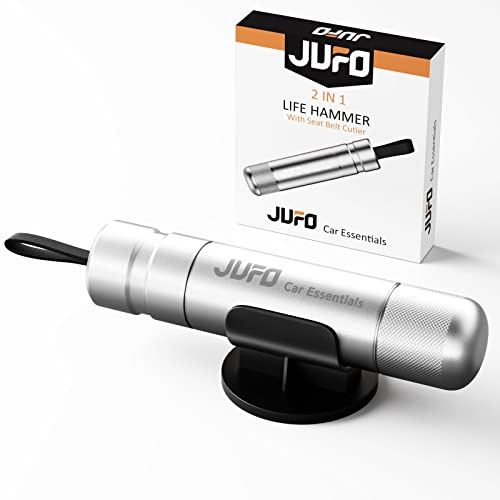 JUFO Pro Safe Car Escape Hammer, Window Breaker & Seatbelt Cutter, Silver | Compact emergency car escape tool combining a spring-loaded window breaker and concealed seat belt cutter for fast access.