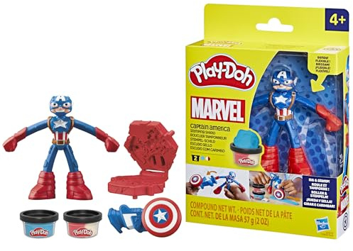 Play-Doh Captain America Action-Set mit Schild, 2 x 56 g Dosen Modelliermaße, Werkzeuge und Förmchen, 10 cm Actionfigur aus Marvel, kreatives für Kinder ab 4 Jahren