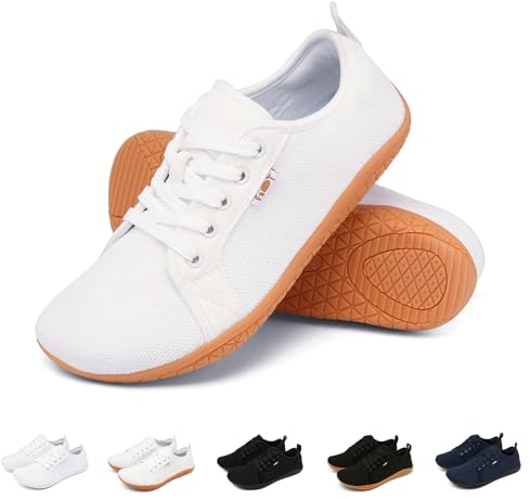 Geweo Barfußschuhe Sneaker Breite Walking Schuhe Barfuss Damen Herren Trail Laufschuhe Minimalistische Fitness Knit Unisex Weit rutschfest Zehenschuhe Zero Drop Solhe Freizeit Weiß Braune 38EU