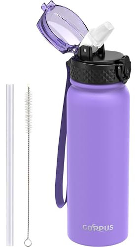 GOPPUS Borraccia in Acciaio Inossidabile da 600ml/20oz con Cannuccia Borraccia Sportiva Isolata Flacone Freddo a Tenuta Stagna Bottiglie d'Acqua in Metallo a Doppia Parete Flip Up