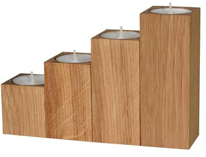 GoodFreshDecor Kerzenständer Set 4 Stück Teelichthalter Mit Kerzen Teelichter Kerzenhalter Aus Holz Holzdeko Kerzenuntersetzer Eichenholz Geölt Rustikal Boho