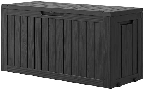 KAMABOKO Deck Box, 75 Gallon Resin Indoor and Outdoor Storage Boxes Waterproof for Garden Tools, Pool Accessories Storage Bench, Patio Furniture and Cushions with Lockable Lid, Black
