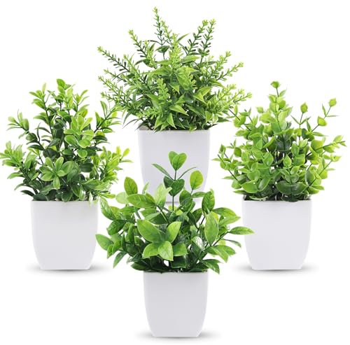 BTSD-home 4 Pack Fake Plants Artificial Plants Indoor Small Faux Plastic Greenery for Bathroom Office Home Desk Table Shelf Decor(Green)