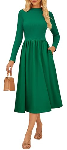 GRACE KARIN Womens Ladies Plain Swing Dress Casual Long Sleevemockneck midi Dress with pockes Pure Green L