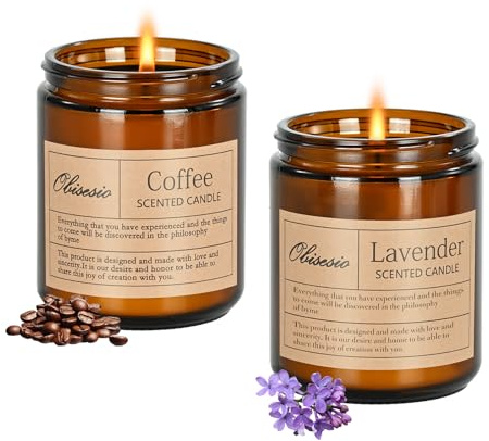 Obisesio Duftkerzen Set, 2er Pack Duftkerzen im Glas, mit 45-50 Stunden Brenndauer, Lavendel & Kaffee Duft, Scented Kerzen aus 100% Sojawachs, Kerzen Geschenk für Entspannung und Wohlbefinden