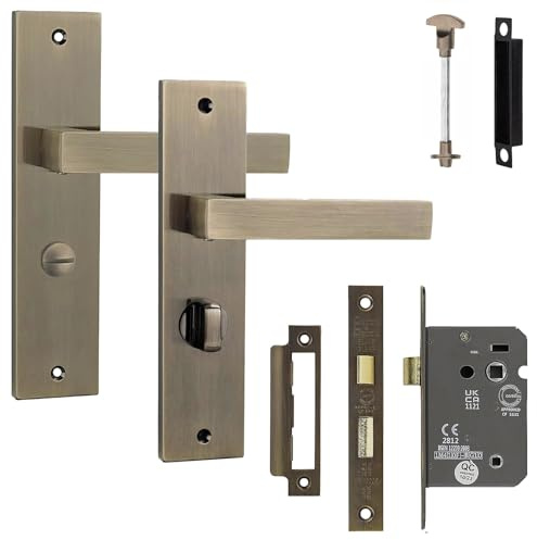 Decoranddecor Lumina Antique Brass Bathroom Lever Handles – Aluminium Internal Door Set with Thumb-Turn Lock and 2.5in Backplate Mechanism, Modern Art Deco Design for Stylish Home Interiors