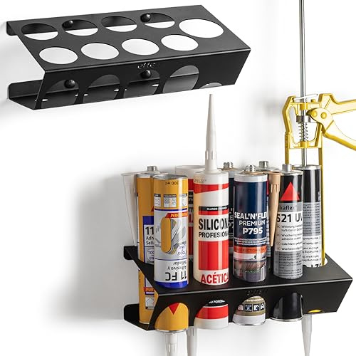 etterr | Supporto a Parete per Cartucce di Silicone e Pistola | 8 Vani + 1 Pistola | 100% Acciaio Rinforzato | Organizzatore Mensola Scaffale per Officina, Garage, Furgone | Fabbricato in Europa |