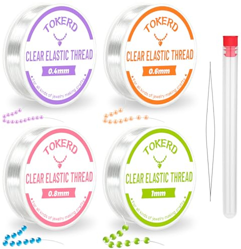 TOKERD 4 rollos de hilo elástico para joyas, cuerda elástica de 0,4/0,6/0,8/1 mm de goma para pulseras, cordón de cristal transparente con aguja de perlas para manualidades, fabricación de joyas
