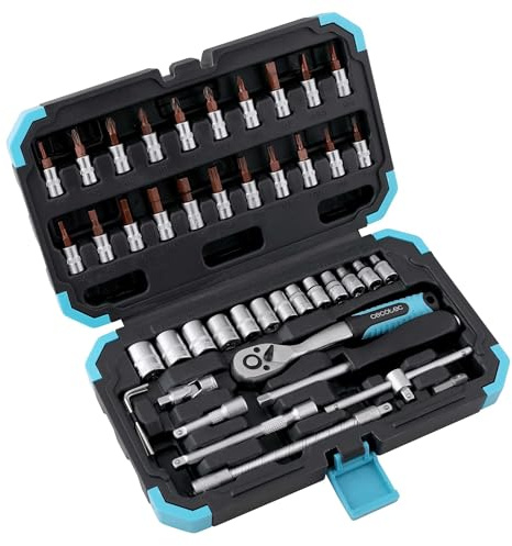 Cecotec Maletín Portaherramientas 46 Piezas ToolBox KRK 2200. Carraca Profesional de 72 Dientes, Vasos CR-V de Alta Resistencia, Puntas de Acero S2, Vasos para Llantas, Maletín Resistente