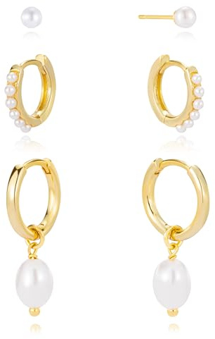PRTGL Earrings for Women - 14K Gold Plated/Silver/Black 3 Pairs Stud Hoop Earrings Set Hypoallergenic Cartilage Stud Huggie Hoop Drop Ear Stack