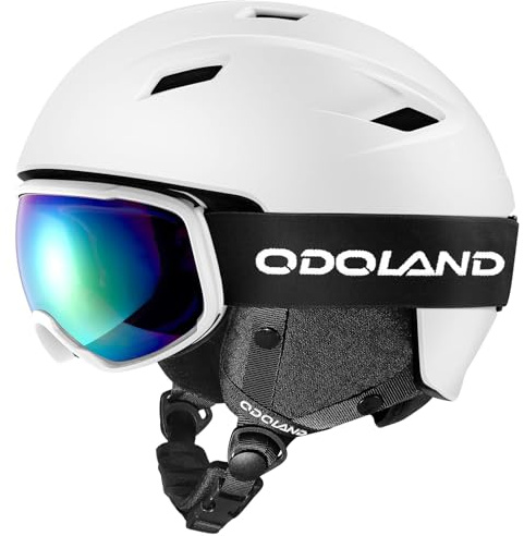 Odoland Ski Helmet and Goggles Set for Adults & Youth, Snowboard Helmet with Goggles - Shockproof Winter Sports Helmet with Protective Shell for Men, Women & Teens,White,L