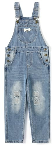 KIDSCOOL SPACE Salopette di jeans strappata da bambina, tasche invecchiate con decorazioni di perle, salopette di jeans, blu, 7-8 anni